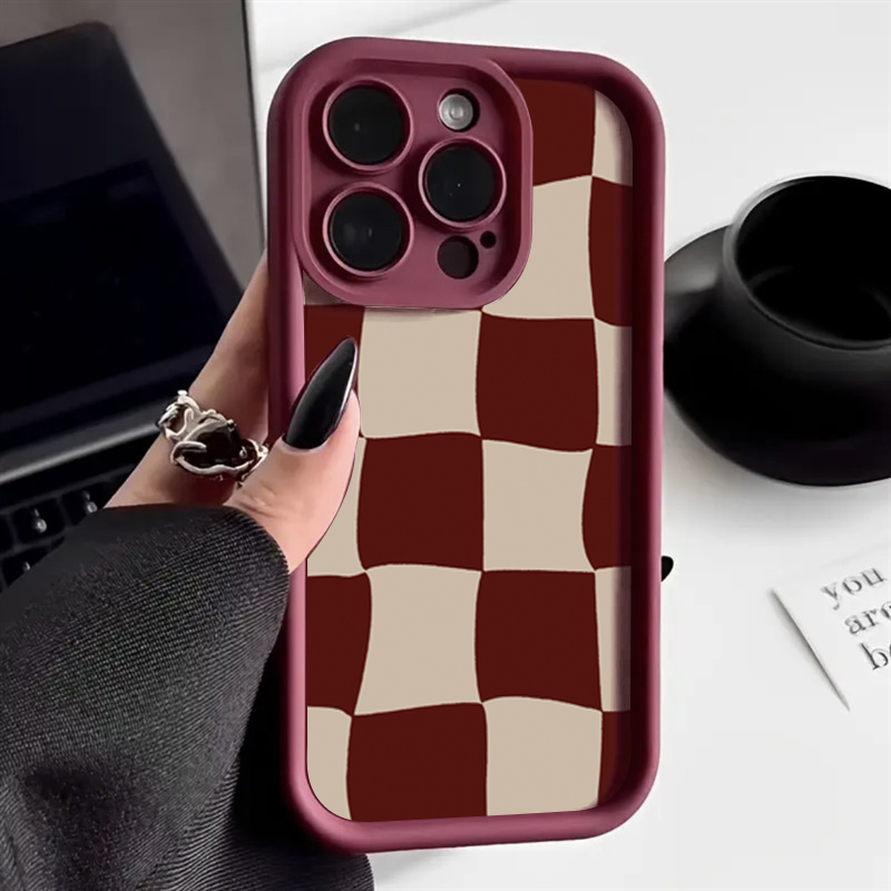 Phone Cases Australia - Wine Red Deform Grid Pattern Phone